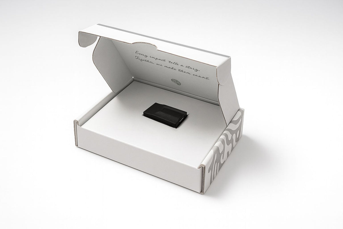 Black Phreno head-impact sensor in its open white product box